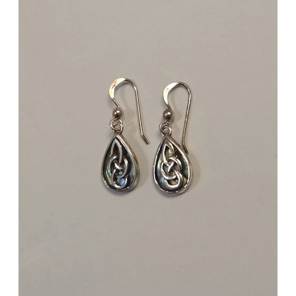 Vintage Sterling Silver Celtic Knot Abalone Shell Dangle Earrings